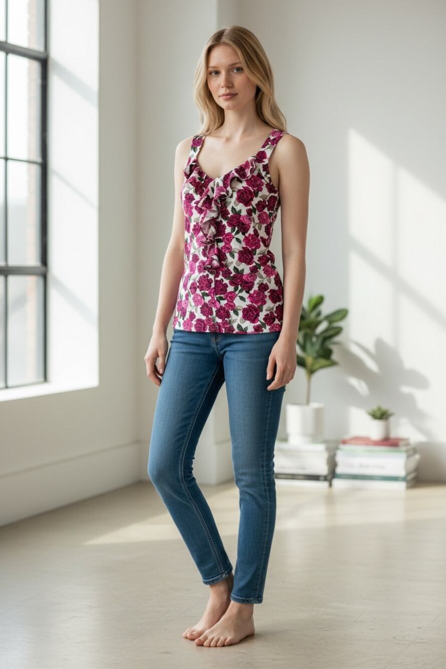 WHITE HOUSE BLACK MARKET Top Size XXS Purple Floral Tank Ruffle Soft